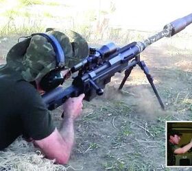 Author firing a suppressed Hecate II, when some rocks at 350m or so (the available range) were consistently blown to pieces. Oh, yes, he managed to get a light scope bite in the process, adequately taken care of by a helpful Marine doc (inset photo).