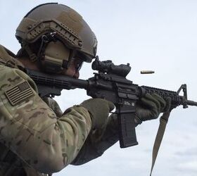 Original caption: 'U.S. Air Force Staff Sgt. Ryan Saltzgaber, a tactical air control party specialist assigned to the 3rd Air Support Operations Squadron, fires a M4 carbine during live-fire sustainment training at Joint Base Elmendorf-Richardson, Alaska, Sept. 28, 2017.' U.S. Air Force photo by Alejandro Pena, public domain.