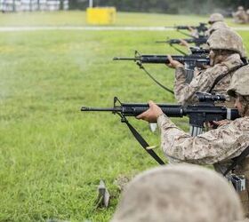 'U.S. Marine Corps recruits of Charlie Company, 1st Recruit Training Battalion, shoot during marksmanship training Aug. 30, 2017, on Parris Island, S.C.' U.S. Marine Corps photo by Lance Cpl. Maximiliano Bavastro, public domain.