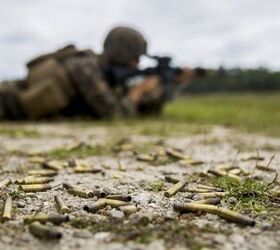 'U.S. Marine Corps Cpl. Luis A. Chavez, a low altitude air defense (LAAD) gunner with 2nd LAAD Battalion, fires a M16A4 rifle during combat marksmanship training on Camp Lejeune, N.C., Sept. 26, 2017.' U.S. Marine Corps photo by Lance Cpl. Cody J. Ohira, public domain.