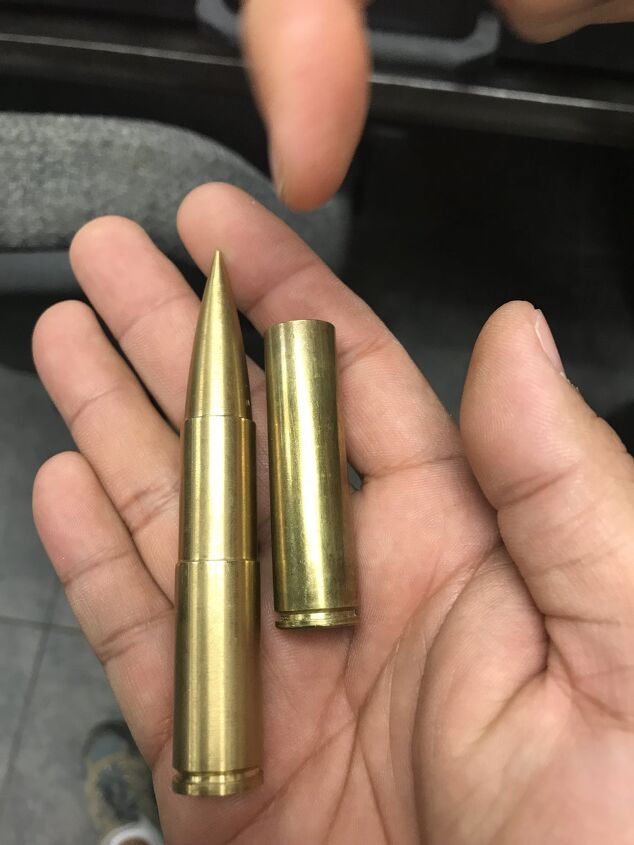 This cartridge is a solid machined piece of brass that they used for demonstrations purposes at last SHOT Show.
