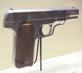 The Browning .45 calibre pistol prototype with shrouded hammer on display at the Browning Museum (Matthew Moss)