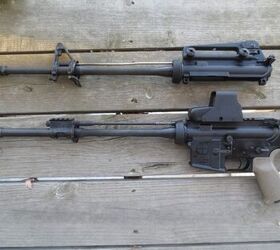 The Adams Arms 5.45 lower mounted to a standard AR-15 lower compared to a standard mid-length upper with carry handle and FSB.