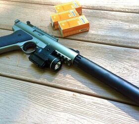 A Ruger MKII with a Pac-Lite threaded barrel and a SilencerCo Warlock. Gemtech makes suppressor-specific ammunition.