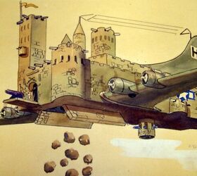 Lt. Col. Ross Greening's cartoon satirizes the 'Flying Fortress' as a literal winged castle. Compare this with the Miyazaki's Castle in the Sky at the bottom of the page.