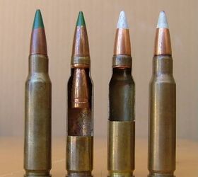 7.62mm M198 Duplex, far left, along with its single bullet counterpart, the XM256E1 Low Recoil round, and sectioned examples of each. Image from Ray Meketa's collection.