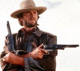Eastwood/Wales' famous pose referenced by IMFDB, which prominently features his Colt revolvers.