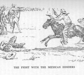 Hardin in a fight with Mexican herders, who had wasted their ammunition inion at 150 yards. Hardin rode in close, and dispatched 5 out of 6 of them. Illustration by R.J. Onderdonk