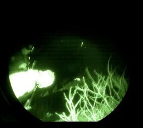 Hunting buddies on the left looking at pig carcass on the ground. See the white speck past them in the middle of the night vision image? That is the other hog.