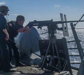 The .50-caliber machine gun during a weapons training exercise aboard the Arleigh Burke-class guided-missile destroyer USS Daniel Inouye (DDG 118), Feb. 4, 2024.