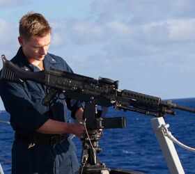 The M240 machine gun aboard the Arleigh Burke-class guided-missile destroyer USS Daniel Inouye (DDG 118).