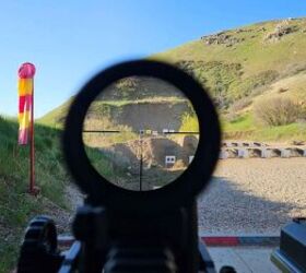 Reticle lined up on the 200-yard line. Also, note the reduced 100-yard targets in the bottom right portion of the scope. They appear the same size from the perspective of the shooter but are actually much smaller.