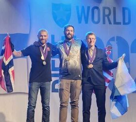 The podium at IPSC Rifle World Shoot 2024. Left to right, Eirik Larsen (Norway), Kyle Litzie (USA) and Raine Peltokoski (Finland).