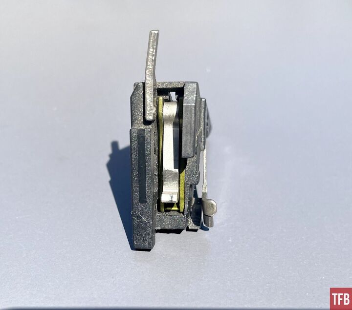 A top-down view of the Timney sear installed in the trigger housing.