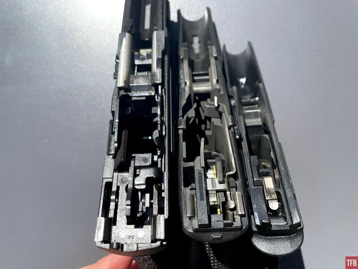 HK VP9 on the left. Timney Alpha equipped Glock in the center. SIG Sauer P365 on right.