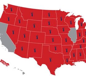 American Suppressor Association map of silencer legality, states in red allow silencer ownership, states with the deer symbol allow suppressor use for hunting.