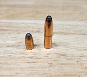 110-grain .308 bullet (L) and 220-grain .308 bullet ® which can be used for supers and subs, respectively, in the .300 BLK. Note how much longer the heavy bullet is.