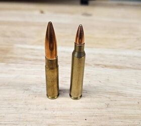 300 BLK (L) next to the .223 Remington ® parent case. Note that the cases are the same at the base, but that the Blackout has a much larger, slower projectile.