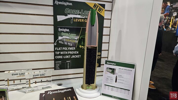 shot 2025 new remington ammo including quiet revolver 22 lr loads, Cutaway of the Core Lokt Tipped Lever Gun ammo showing the polymer tip extending into the lead bullet core