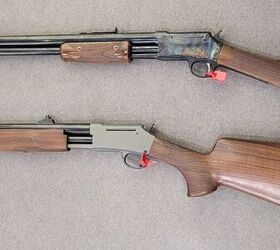shot 2025 pedersoli makes pump action rifles great again, Up top old school buckhorns On bottom Fiber optic bead and other concessions to modernity and practicality
