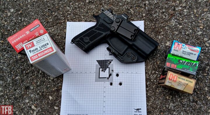 tfb review cz p 09 c nocturne pistol the p 07s successor, My first group at 15 yards after zeroing the Holosun 407K X2 red dot optic