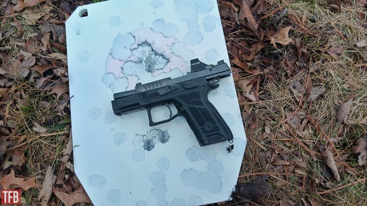 tfb review cz p 09 c nocturne pistol the p 07s successor, At 80 yards I took a few ranging shots to find my hold but I was able to stack bullets once I found it