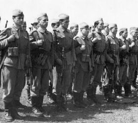 the stg 44 in post war yugoslavia, JNA unit with a mix of weapons including at least 7 StG 44s note the StG 44 ammunition pouches Photo credit Jugoslovenska Narodna Armija