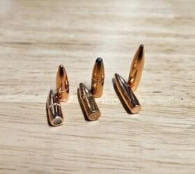 Various .224-inch projectiles, including (L to R): full metal jacket, soft point, and boat tail hollow point