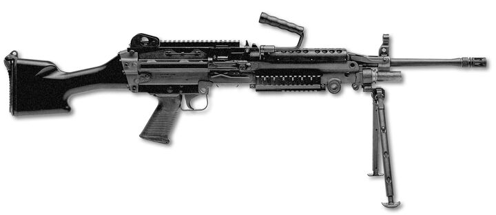 The FN M249 SAW, also known as the FN MINIMI. An open-bolt 5.56x45mm machine gun.