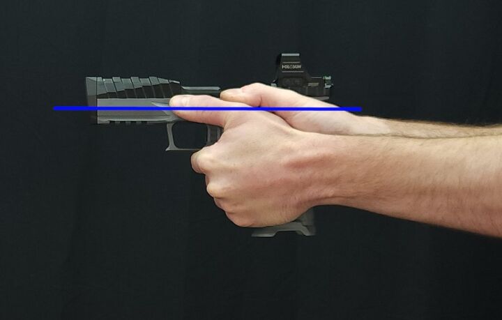 the quest for the low bore axis rideout arsenal dragon from the usa, The blue line shows how the barrel axis rides within the hand of the shooter not above it
