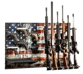 Hold Up Displays American Flag Gun Wall Bundle. Includes an American flag gun wall, six pistol racks, one vertical six-gun rack, one heavy-duty display shelf. MSRP: $659.99