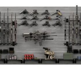 Hold Up Displays Complete Tactical Wall Organization System. This is the largest and most expensive product in the company’s catalog. It includes 4 vertical long gun racks that hold six guns each, 12 wall mount pistol holders, 14 gun magazine holders, one horizontal rack for three rifles, 8 heavy-duty display shelves, 10x24" and 25x48" Strongwall panels and a set of end caps. MSRP: $2879.99 - $3,359