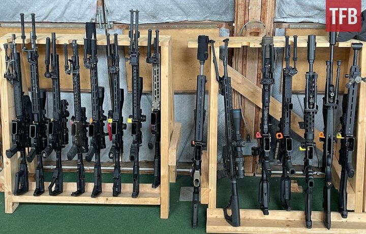The rifle rack in a recent Swedish DMR shooting competition.