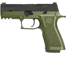 An image of a SIG P320 with a green grip frame (SIG Sauer Swiss)