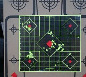 Various Groups with the Ammo. The most accurate was through a 10/22 sporter, which produced the group in the bottom left at 25 yards using a red dot. A close second was the Agnstadt Arms/CMMG Mk 4