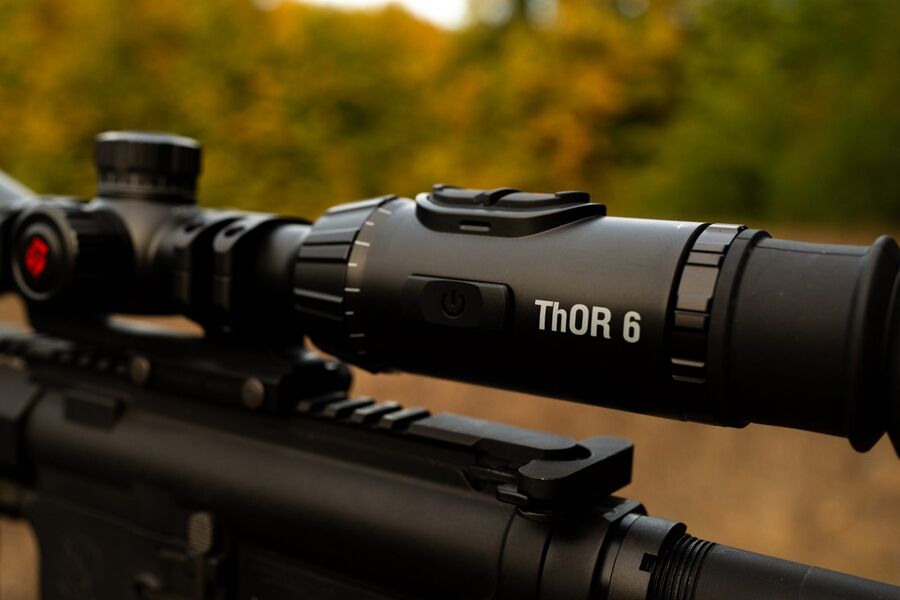 tfb review atn thor 6 elite lrf 640 3 24x thermal scope, The power button and ThOR 6 logo on the eyepiece housing