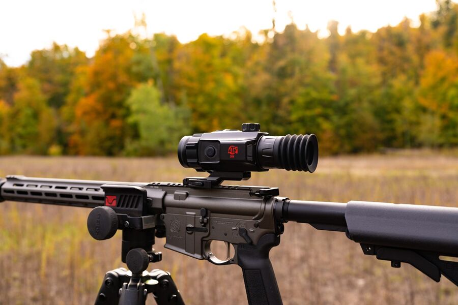 tfb review atn thor 6 mini 384 3 5 28x thermal scope, The ThOR 6 Mini 384 on a tripod mounted rifle