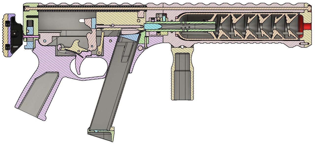 san diego county sues 3d filament manufacturer over ghost guns, Cross section of the ROGUE 9 FTN3 Long version submachine gun with many parts made by a 3D printer